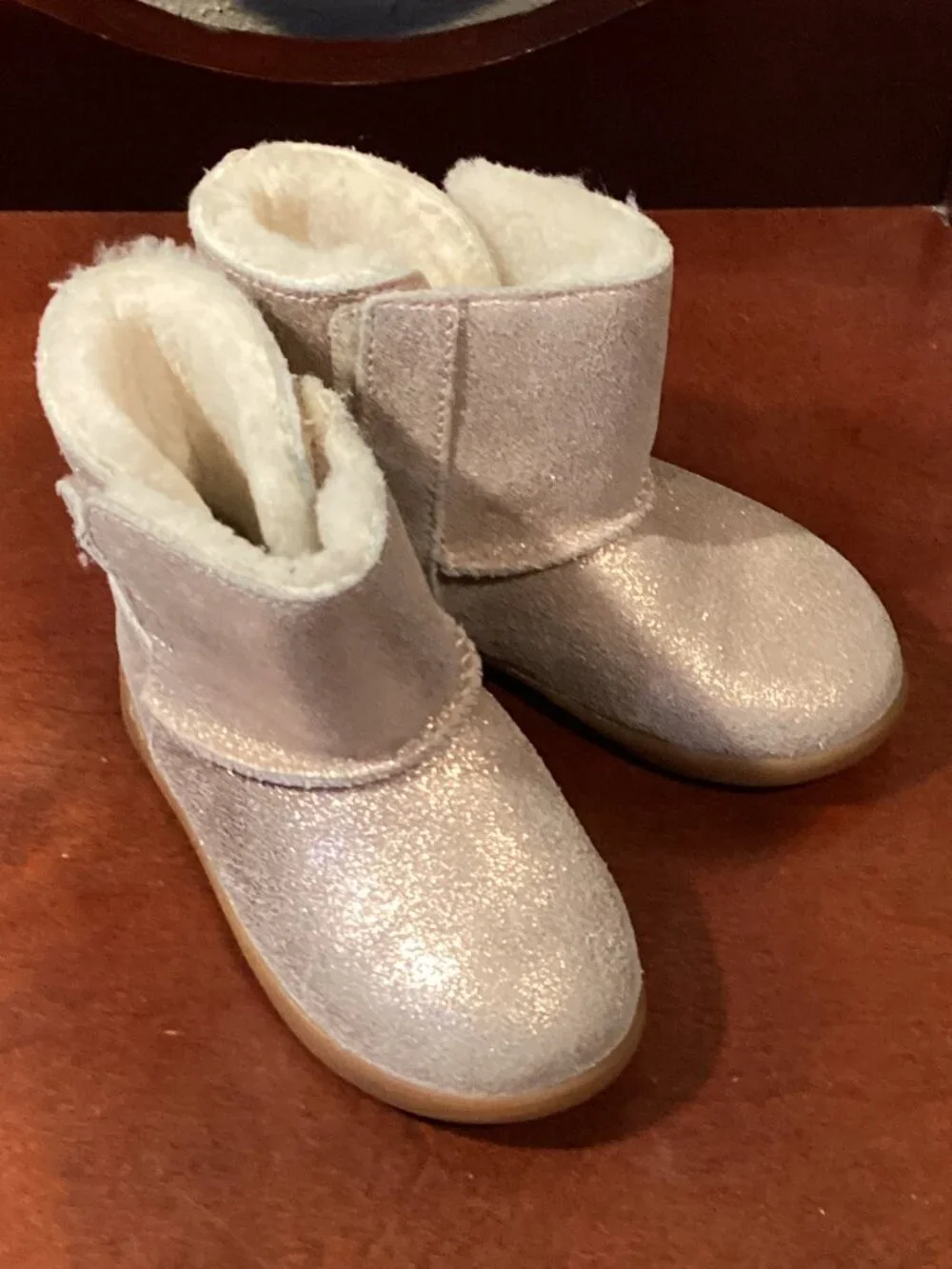 Metallic Rose Gold Glitter Faux Fur Lined Ankle Boots